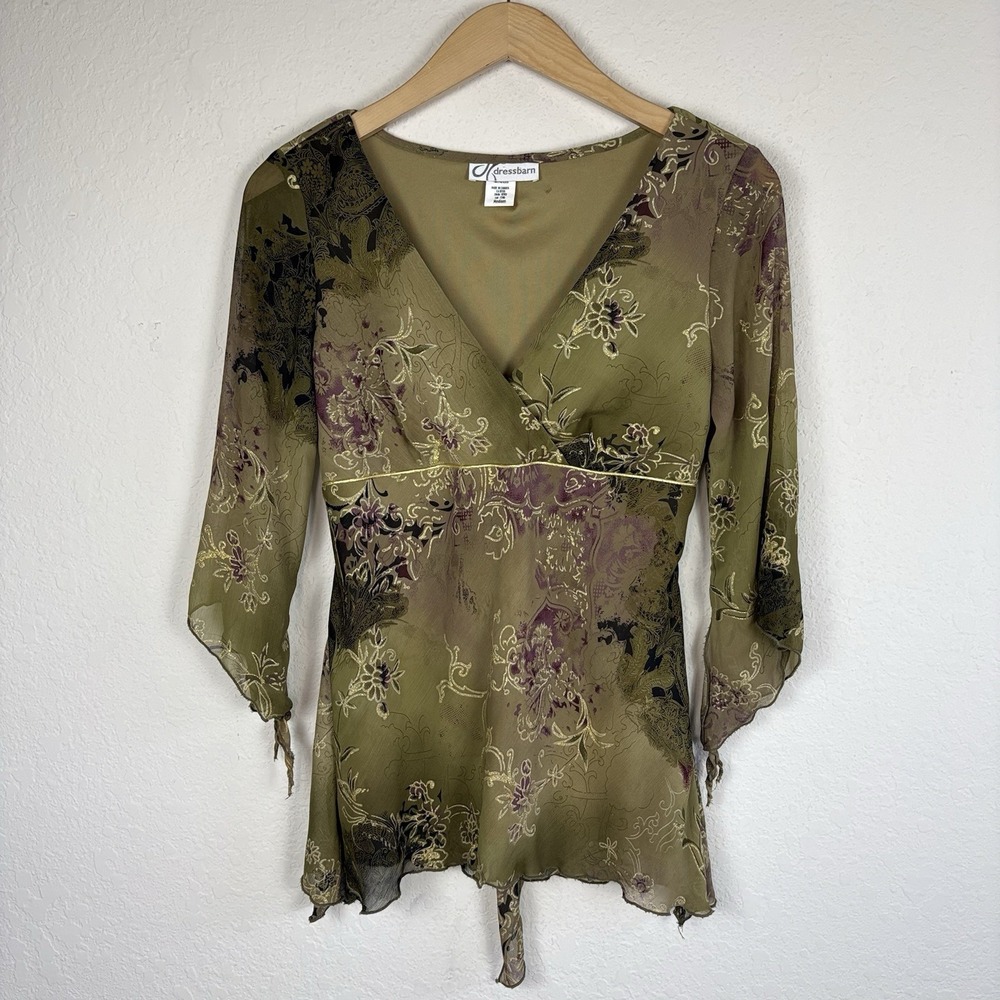 Dressbarn Y2k Fairy Grunge Blouse Size M Babydoll Floral Flare Sleeve Green 90s